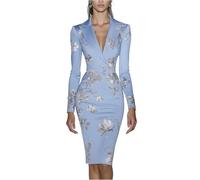 ZRYAZQ Etuikleid Damen Elegant Für Hochzeit Langarm Kleid Hochzeitsgast Curvy Knielang Cocktailkleid Business Blumen Festliche Kleider V Ausschnitt Frühlingskleid Festlich Eng Abendkleid mit Ärmel
