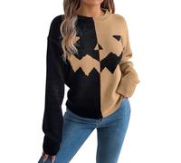 ZRYAZQ Halloween Pulli Damen Grobstrick Farbblock Pullover Damen Halloween Gruseliges Gesicht Strickpullover Damen Grobmaschig Langarm Winterpullover Damen Warm Grobstrickpullover Winter Strickpulli