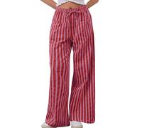 ZRYAZQ Sommerhose Damen Leicht Gestreift Lang Stoffhose Damen Sommer Elegant High Waist Weites Bein Hosen Sommer Baggy Mit Gummibund Palazzo Hose Streifen Mit Taschen Sommerhosen Leicht Und Luftig