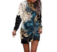 ZRYAZQ Sweatkleid Damen Langarm Ohne Kapuze Pulloverkleid Damen Winter 3D Druck Glitzer Winterkleid Damen Rundhals Longpullover Damen Lässig Herbstkleid Elegant Winterkleider Frauen Bedruckt