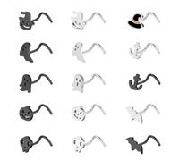 ZS Nasenstecker aus Edelstahl, schwarz, 20 g, Halloween-Korkenzieher-Nasenringe, L-förmige Nasenringe, Geist, Totenkopf, Fledermaus, Nasenpiercing, Schmuck für Damen und Herren, 15 Stück, Edelstahl,