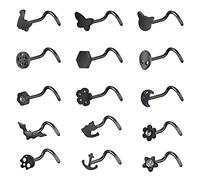 ZS Nasenstecker für Damen, 20 g, 15 Stück, Chirurgenstahl, L-förmig, schwarzer Fledermaus-Schädel, Korkenzieher-Nasenpiercing-Schmuck, 20G(0.8mm), Edelstahl