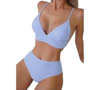 ZSHDTKWB Badeanzug Damen Sexy Gestreifte Rüschen Bikini Frauen Zweiteilige Bademode High Waisted Bikinis Set Weiblicher Badeanzug-blau-m