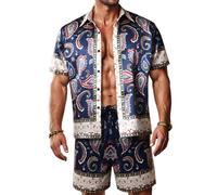 ZSJR Herren-Hawaii-Hemd-Set, Satin, Seide, lässig, Button-Down-Shirt, 2-teilig, luxuriös, Sommer-Strand-Outfits für Herren, Marineblaues Luxus-Paisleymuster, Medium