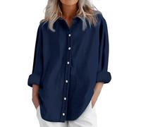 ZTFYKLIN Basic Shirt Damen Alltags-Freizeithemden Leinen, Langarmhemden, Tops, Lässige Blusen, Lockere Passform (Navy, L) T Sommer White Crop Top Cartoon Bluse Leoprint Oberteile Elegant Leinen