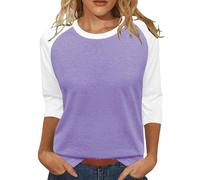 ZTFYKLIN Basic Shirt Damen T-Shirt Mit 3/4-Ärmeln Und Farbblockdesign (Light Violet, XXXL) Luftige Sommerbluse Bluse Bügelfrei Yellow Top Leinen Tunika Cartoon Herz Tshirt Longtop Große Größen