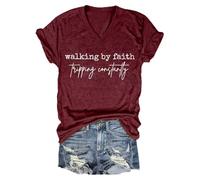 ZTFYKLIN Basic Shirt Damen T-Shirt Mit Aufdruck „Walking By Tripping Constantly“ (Wine, XL) Festliche Damenmode Oberteil Elegant Tshirt 3/4 Arm Cartoon Bluse Glitzer Top Hemd Oversize Bubikragen