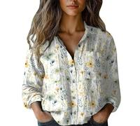 ZTFYKLIN Basic Shirt Damen Women Cotton Printed Fashion Down Shirts Casual Tops Long Sleeve Blouse (White, M) Schwarze Tshirt Oberteile Langarm Plus Size & Blusen Pullover 3/4 Arm Sommer Lila