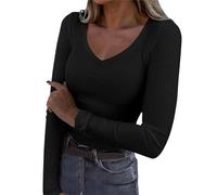 ZTFYKLIN Basic Shirt Damen Womens Long Sleeve V Neck Ribbed Knit Casual Tops Tee Slim (Black, XL) Orange Langarmshirt Blaues Tshirt Bluse Schwarz Weiß Cartoon Top Tunika Große Größen Festliche