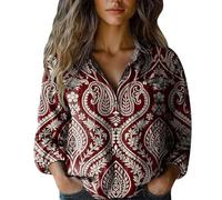 ZTFYKLIN Bluse Damen Baumwollhemd Bedruckt Button-Down-Shirts Casual Tops Langarm (Wine, S) Festliche Damenbluse Poloshirt 3/4 Arm Sports Top Women Glitzer Grün Batik Tshirt Pieces Orange