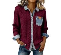 ZTFYKLIN Bluse Damen Kurzarm Damen-Jeanspullover Mit Kragen, Knopfleiste, Patchwork-Design, Strickbluse (Wine, XL) Oberteil Shirts Pieces T Shirt Viskose Langarm Türkis Longbluse Schwarz Hippie