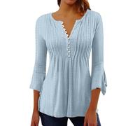 ZTFYKLIN Bluse Damen Kurzarm Damen-Oberteile, Elegant, Lässig, V-Ausschnitt, Button-Down-Hemden, Plissiert, Fließend, Locker, Ausgestellt, 3/4-Ärmel, Tunika-Bluse (Light Blue, XL) Tshirt Sommer