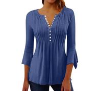 ZTFYKLIN Bluse Damen Kurzarm Damen-Oberteile, Elegant, Lässig, V-Ausschnitt, Button-Down-Hemden, Plissiert, Fließend, Locker, Ausgestellt, 3/4-Ärmel, Tunika-Bluse (Blue, XL) Oversize Shirt