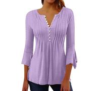 ZTFYKLIN Bluse Damen Kurzarm Damen-Oberteile, Elegant, Lässig, V-Ausschnitt, Button-Down-Hemden, Plissiert, Fließend, Locker, Ausgestellt, 3/4-Ärmel, Tunika-Bluse (Purple, XL) Damenshirt 3/4 Arm