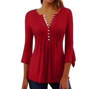 ZTFYKLIN Bluse Damen Kurzarm Damen-Oberteile, Elegant, Lässig, V-Ausschnitt, Button-Down-Hemden, Plissiert, Fließend, Locker, Ausgestellt, 3/4-Ärmel, Tunika-Bluse (Red, XL) Blau Sommer Hemd