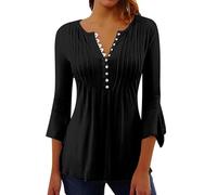 ZTFYKLIN Bluse Damen Kurzarm Damen-Oberteile, Elegant, Lässig, V-Ausschnitt, Button-Down-Hemden, Plissiert, Fließend, Locker, Ausgestellt, 3/4-Ärmel, Tunika-Bluse (Black, XL) Asymmetrische