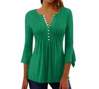 ZTFYKLIN Bluse Damen Kurzarm Damen-Oberteile, Elegant, Lässig, V-Ausschnitt, Button-Down-Hemden, Plissiert, Fließend, Locker, Ausgestellt, 3/4-Ärmel, Tunika-Bluse (Green, XL) Mode Für Mollige