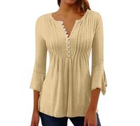 ZTFYKLIN Bluse Damen Kurzarm Damen-Oberteile, Elegant, Lässig, V-Ausschnitt, Button-Down-Hemden, Plissiert, Fließend, Locker, Ausgestellt, 3/4-Ärmel, Tunika-Bluse (Beige, XL) Shirt Braun