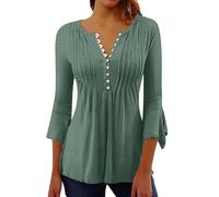 ZTFYKLIN Bluse Damen Kurzarm Damen-Oberteile, Elegant, Lässig, V-Ausschnitt, Button-Down-Hemden, Plissiert, Fließend, Locker, Ausgestellt, 3/4-Ärmel, Tunika-Bluse (Jn, XL) Hemd Set Leinenbluse