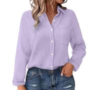ZTFYKLIN Bluse Damen Sommer Langarm Frühling Einfarbiges Baumwoll-Leinen-Mischgewebe Mit Falten, Gürteltasche, Lockerem Schnitt, Langen Ärmeln (Light Violet, M) Tunika-Oberteile Für Matrosenhemd