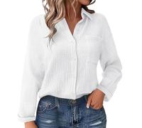 ZTFYKLIN Bluse Damen Sommer Langarm Frühling Einfarbiges Baumwoll-Leinen-Mischgewebe Mit Falten, Gürteltasche, Lockerem Schnitt, Langen Ärmeln (White, M) Leinen Tshirt Tunika Blusen Kurzarm