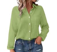 ZTFYKLIN Bluse Damen Sommer Langarm Frühling Einfarbiges Baumwoll-Leinen-Mischgewebe Mit Falten, Gürteltasche, Lockerem Schnitt, Langen Ärmeln (Light Green, L) Rotes Glitzer Oberteil T Shirt