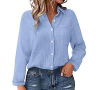 ZTFYKLIN Bluse Damen Sommer Langarm Frühling Einfarbiges Baumwoll-Leinen-Mischgewebe Mit Falten, Gürteltasche, Lockerem Schnitt, Langen Ärmeln (Light Blue, L) Shirt Halbarm Leinen Top
