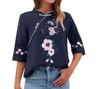 ZTFYKLIN Bluse Kurzarm Damen Baumwolle Und Chinesische Spitze Schrägkragen Kunst Retro Platte Bestickt Seven Top (Navy, XXXL) Shirtbluse Elegant Langarmshirt Schwarz Eng Shirt 3/4 Arm Cartoon