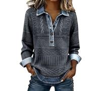 ZTFYKLIN Bluse Kurzarm Damen Damen-Jeanspullover Mit Kragen, Knopfleiste, Patchwork-Design, Strickbluse (Dark Gray, S) T Shirt Lang Leinen Top Festliches Oberteil Große Größen Festlich Pieces
