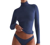 ZTFYKLIN Bluse Kurzarm Damen New Advanced Sense Slim Fashion Pure Wind High Neck Base Top (Blue, L) Schößchen Herzchen Oberteil Pullover Glitzer Dreiviertelarm Sommerhemd Leicht Und Luftig