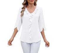ZTFYKLIN Blusenshirt Damen 2025 Chiffon-Hemd Mittellange Ärmel V-Ausschnitt Plissee Rüschen Lockeres Damen-Oberteil Oberteil (White, M) Kleidung Elegant Boho Blusen Tunika Winter Bluse Leinen