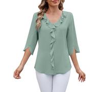 ZTFYKLIN Blusenshirt Damen 2025 Chiffon-Hemd Mittellange Ärmel V-Ausschnitt Plissee Rüschen Lockeres Damen-Oberteil Oberteil (Green, XL) Sommerbluse Shirtbluse Rotes Oversize T-Shirt Weißes Hemd
