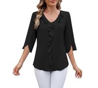ZTFYKLIN Blusenshirt Damen 2025 Chiffon-Hemd Mittellange Ärmel V-Ausschnitt Plissee Rüschen Lockeres Damen-Oberteil Oberteil (Black, XXL) Sommer Tunika Italienische Mode Tshirt Orange Oberteile