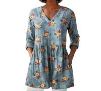 ZTFYKLIN Blusenshirt Damen 2025 Damen-Gruppenhemd Mit Aufdruck, Leinen, V-Ausschnitt, Freizeithemd (Light Blue, XXL) Glitzer Pailletten Oberteile Tunika Große Größen T-Shirt Elegant Bluse