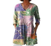 ZTFYKLIN Blusenshirt Damen 2025 Damen-Gruppenhemd Mit Aufdruck, Leinen, V-Ausschnitt, Freizeithemd (Purple, XXL) Schwarzes Oberteil Cartoon Bluse Shirt Rückenfrei Tshirt 3/4 Arm Longtop Extra