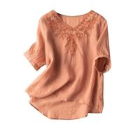 ZTFYKLIN Blusenshirt Damen Bestickte Tops Für Frauen Baumwolle Leinen Tunika T-Shirt 3/4 Ärmel V-Ausschnitt Ethno (Orange, M) Langarm Shirts Sommer Blusen Leicht Bügelfreie Shirtbluse Bluse