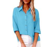 ZTFYKLIN Blusenshirt Damen Damenbluse Mit Überschnittenen Schultern, Langen Ärmeln Und Baumwollmischgewebe - Bequem Einfach Zu Tragen. (Sky Blue, XXL) Luftige Sommerbluse Tshirt Sommer Locker