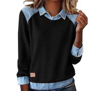 ZTFYKLIN Blusenshirt Damen Langarm Damen-Pullover Mit Reverskragen Und Denim-Ziernähten (Black, L) Long Blusen Ausgefallene Oberteile Bluse Blau Weiss Gestreift T Shirt Damenshirt Problem Gelöst