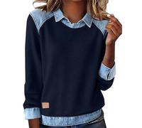 ZTFYKLIN Blusenshirt Damen Langarm Damen-Pullover Mit Reverskragen Und Denim-Ziernähten (Dark Blue, M) Blusen Oberteile Bluse Boho Style Rockabilly Maritime Kleidung Damenblusen Elegant Große
