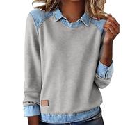 ZTFYKLIN Blusenshirt Damen Langarm Damen-Pullover Mit Reverskragen Und Denim-Ziernähten (Grey, L) Kleidung Sommer Kurzbluse Ausgefallene Rosa Shirt Beige Bluse Longbluse Schwarz Puffärmel