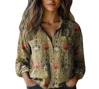 ZTFYKLIN Blusenshirt Damen Langarm Women Cotton Shirt Printed Fashion Down Shirts Casual Tops Long Sleeve Blouse (Khaki, M) Uboot Ausschnitt Bluse Schwarz Hippie Tunika Mode Blau Leinen Outfit