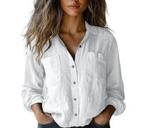 ZTFYKLIN Blusenshirt Damen Langarm Womens Cotton Linen Down Shirt 2025 Spring Casual Long Sleeve Solid Color Shirts Loose Work Tops with Pockets (White, XXXL) Cartoon Bluse Hemdbluse