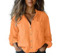 ZTFYKLIN Blusenshirt Damen Langarm Womens Cotton Linen Down Shirt 2025 Spring Casual Long Sleeve Solid Color Shirts Loose Work Tops with Pockets (Orange, S) Oberteil Sommer T Orange Bluse Mit