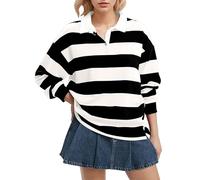 ZTFYKLIN Blusenshirt Damen Langarm Women's Oversized Striped Sweatshirt Long Sleeve Rugby Collared Pullover Tops Loose Fit Shirt (Black, S) Bluse Mit Trompetenärmeln Boho Op Hemd Tunika Leinen