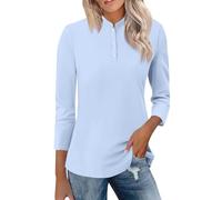 ZTFYKLIN Blusenshirt Damen Stehkragen 3/4 Ärmel Tops Freizeithemden Basic T-Shirts Tunika Bluse Winter Frühling Trendy (Light Blue, XL) Elegantes Outfit Komplett Mit Herzen Retro Kariertes Hemd