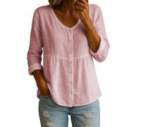 ZTFYKLIN Damenblusen Langarm Damen Baumwoll-Leinen-Hemd Tops Casual Rundhals Button Down T-Shirt Blusen (Pink, M) Mode Für Mollige Frauen Hemdbluse Sommer Kleidung Shirtbluse Elegant Oranges