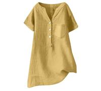 ZTFYKLIN Damenblusen Langarm Linen Blouse Summer Beach Short Sleeve V Neck Down Top Casual Loose Shirt 2025 (Yellow, XXL) Viskose Bluse Damen Langarmshirt Gestreift Grünes Oversize Frauen T