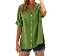 ZTFYKLIN Leinenbluse Damen Langarm Loses Hemd Top Stand Volltonfarbe Ärmel Kragen Lässiges Damenhemd (Green, XXXXXL) Damenblusen Sommer Große Größen Bluseneinsatz Shirt Blau Cartoon Bluse