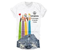 ZTFYKLIN Leinenbluse Damen Langarm Rundhals Kurzarm Retro All The People Living Life In Bedrucktes Top-T-Shirt (White, XL) Pieces Bluse Poloshirt Damenbluse Weiß Festliches Outfit Gothic