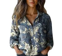 ZTFYKLIN Leinenbluse Damen Langarm Women Cotton Shirt Printed Fashion Down Shirts Casual Tops Long Sleeve Blouse (Sky Blue, XL) Cartoon Bluse Dunkelblau Lange Strand Hemd Leinenmode Tunika Weiß